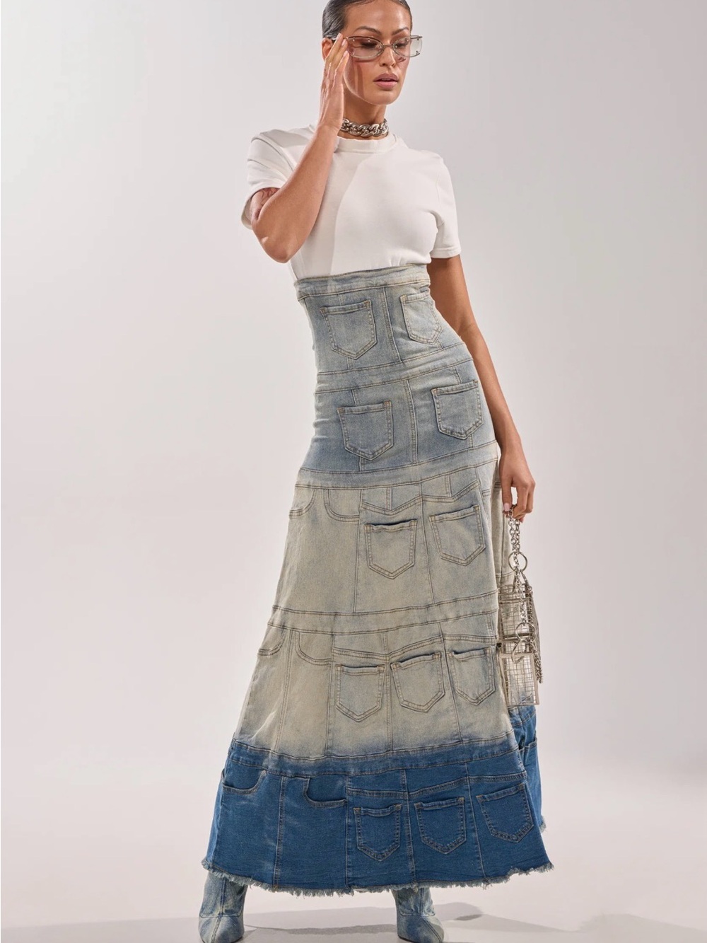 AKIRA Ombre Denim Patchwork Maxi Dress in Blue and Light Wash